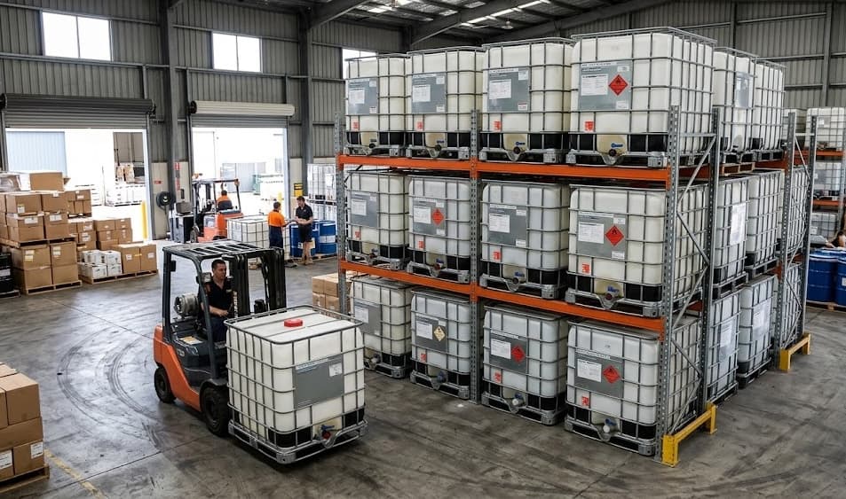 Forklift moving IBC tote in warehouse